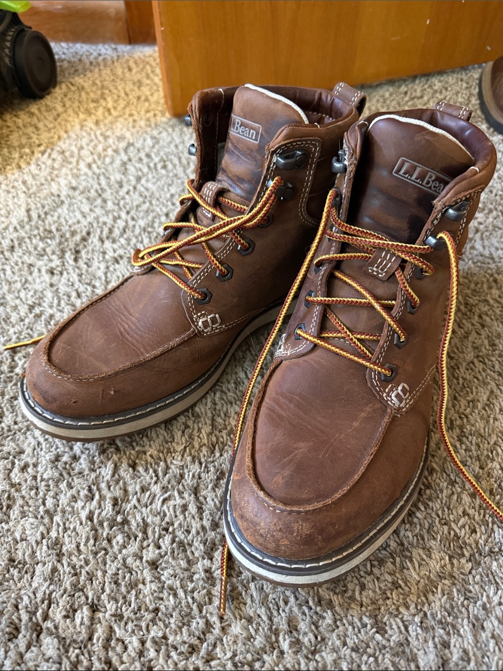 L.L. Bean Brown Leather Lace-Up Moc Toe Boots with Yellow-Trim Laces